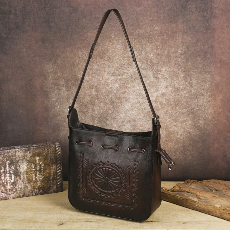 Women's Layer Cowhide Large Capacity Embossed Hand-rub Color Bags