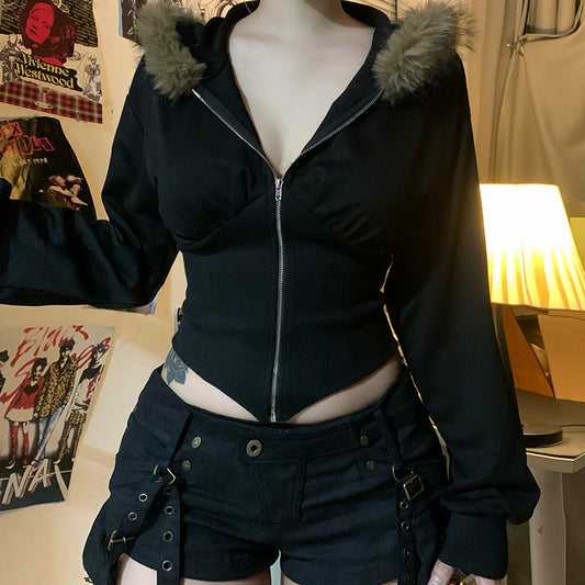 Winter Fur Collar Hooded Drawstring Zipper Sports Style Sweaters