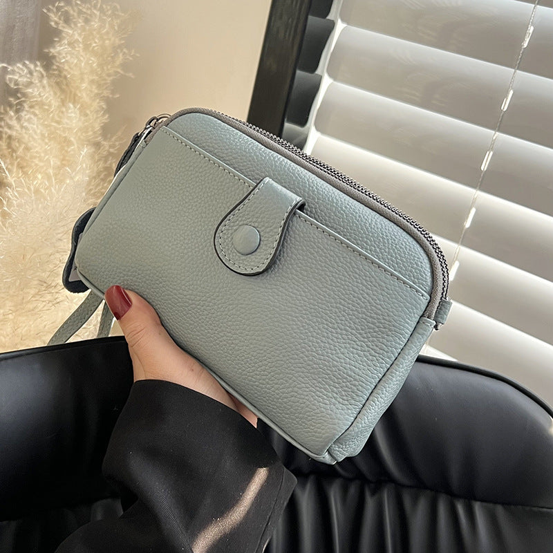 Women's Top Layer Cattlehide Leather Fashion Double Zipper Clutch Leisure Women's Shoulder Bag