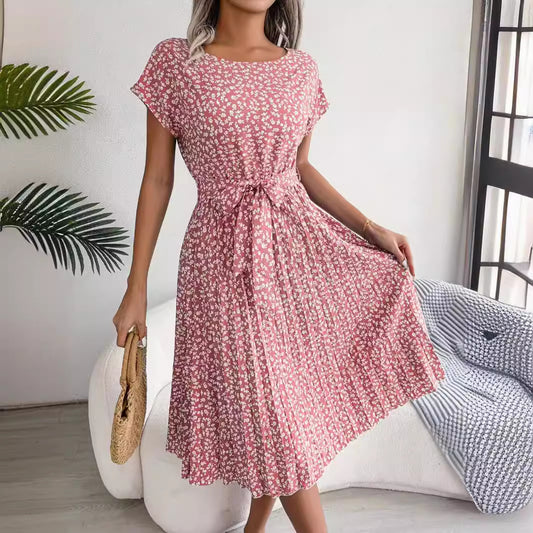Slouchy Casual Sleeve Floral Print Pleated Dresses