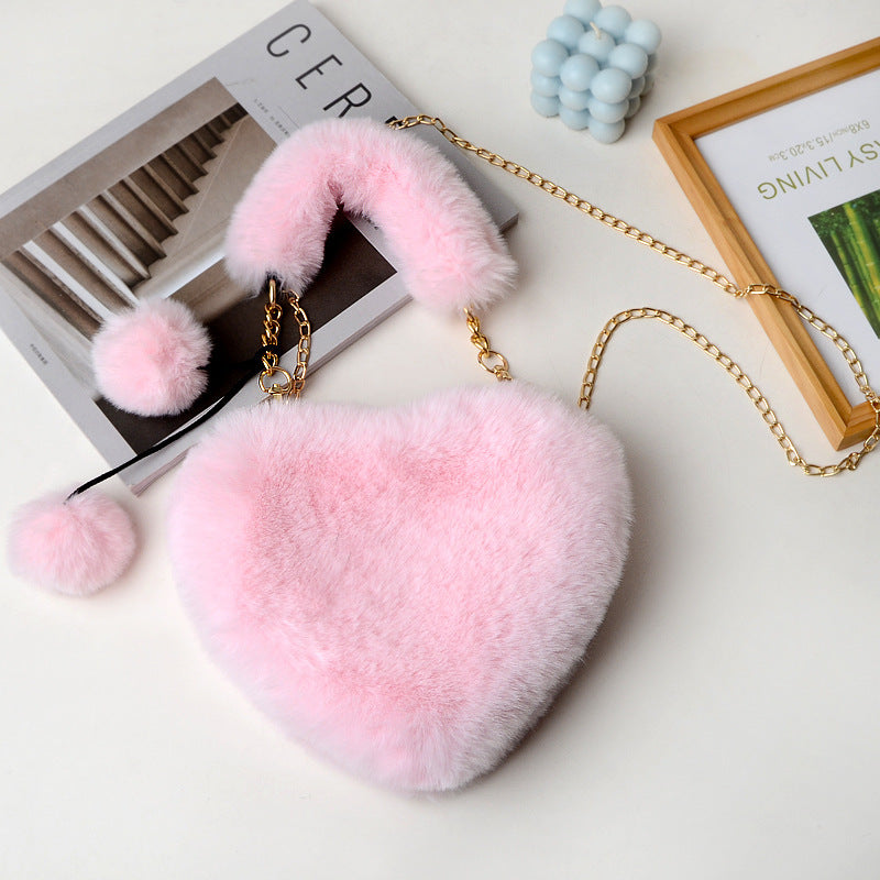 Women's Plush Heart Chain Portable Imitation Rabbit Fur Women's Shoulder Bag
