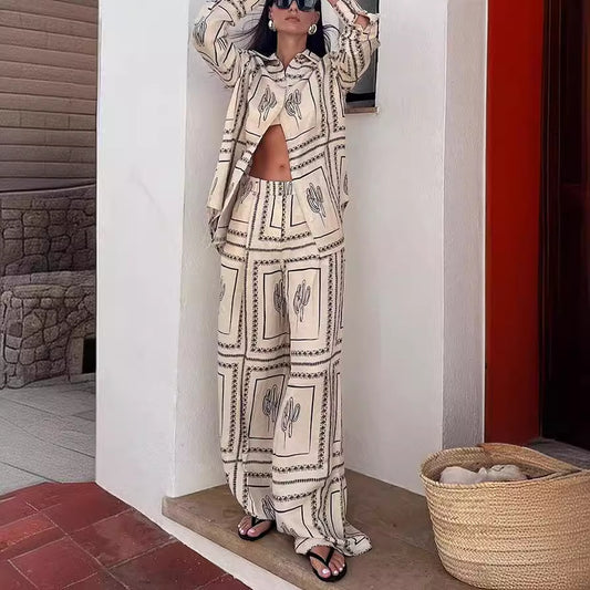 Printed Long-sleeved Shirt Trousers Two-piece Home Suits