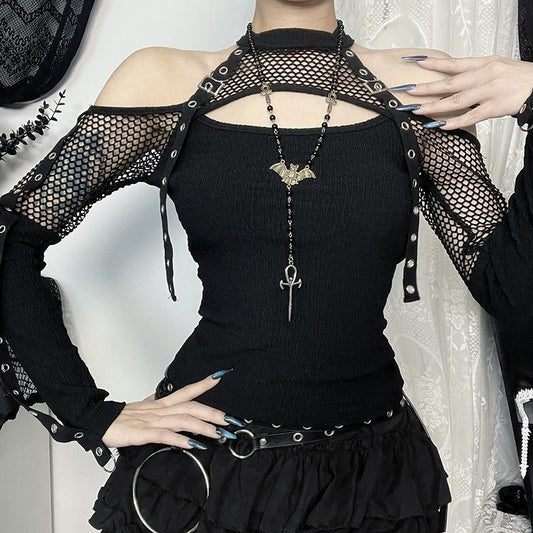Women's Sexy Hot Fishnet Patchwork Cold-shoulder Long-sleeved Blouses