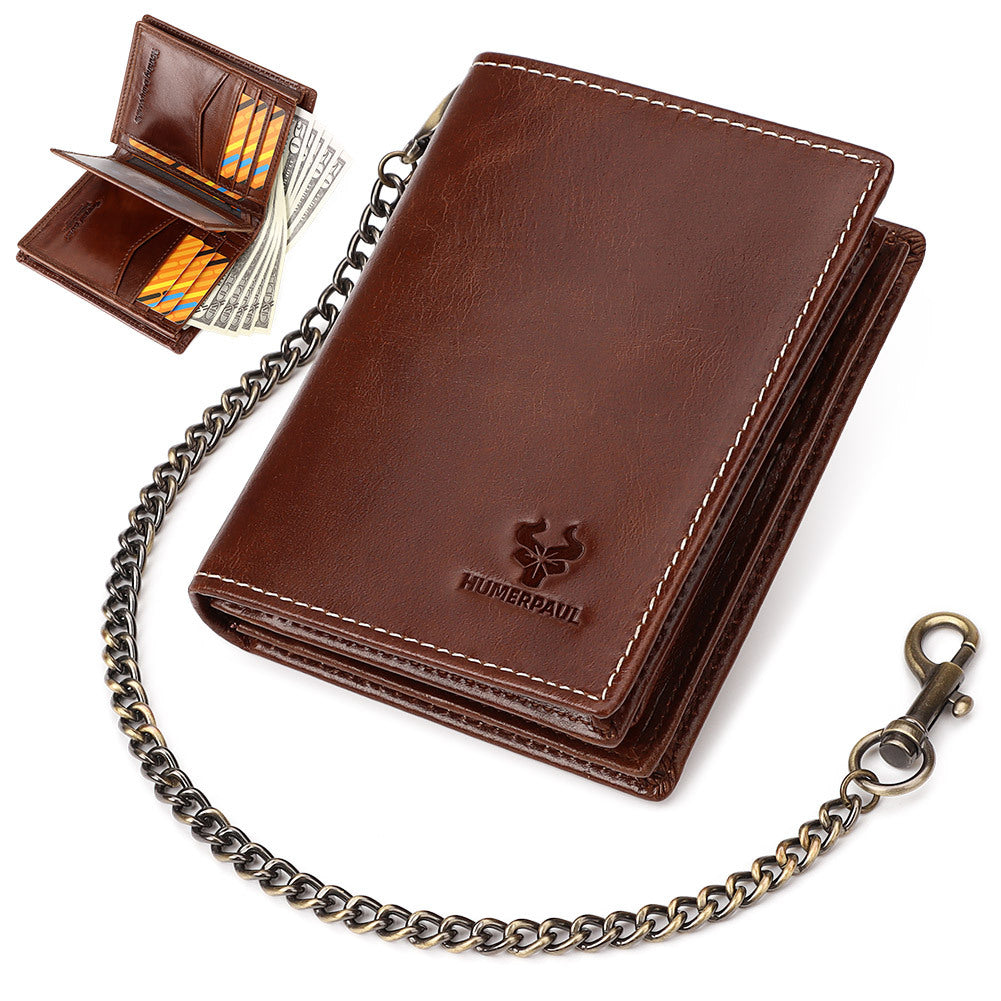 For Retro First Layer Leather Vertical Multiple Men's Wallets