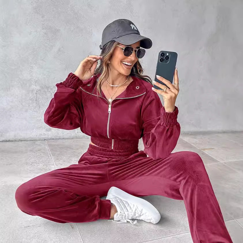 Women's Fashion Casual Zipper Fastener Decoration Veet Suits
