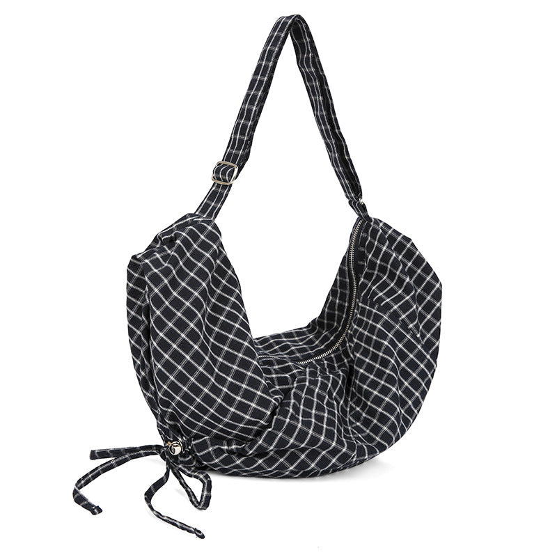 Women's Blue Plaid Drawstring Canvas Commute Large Bags
