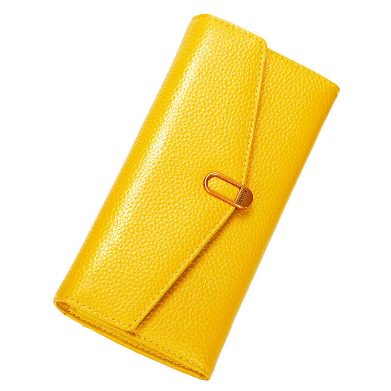 Women's Yellow Long Lucky First Layer Cowhide Ladies Wallet