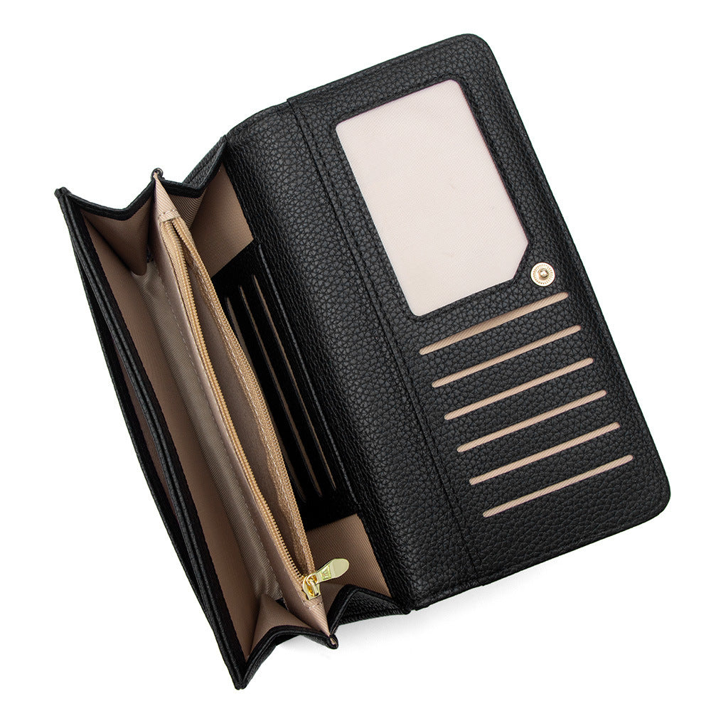 Solid Color Litchi Pattern Long Two Ladies Wallet