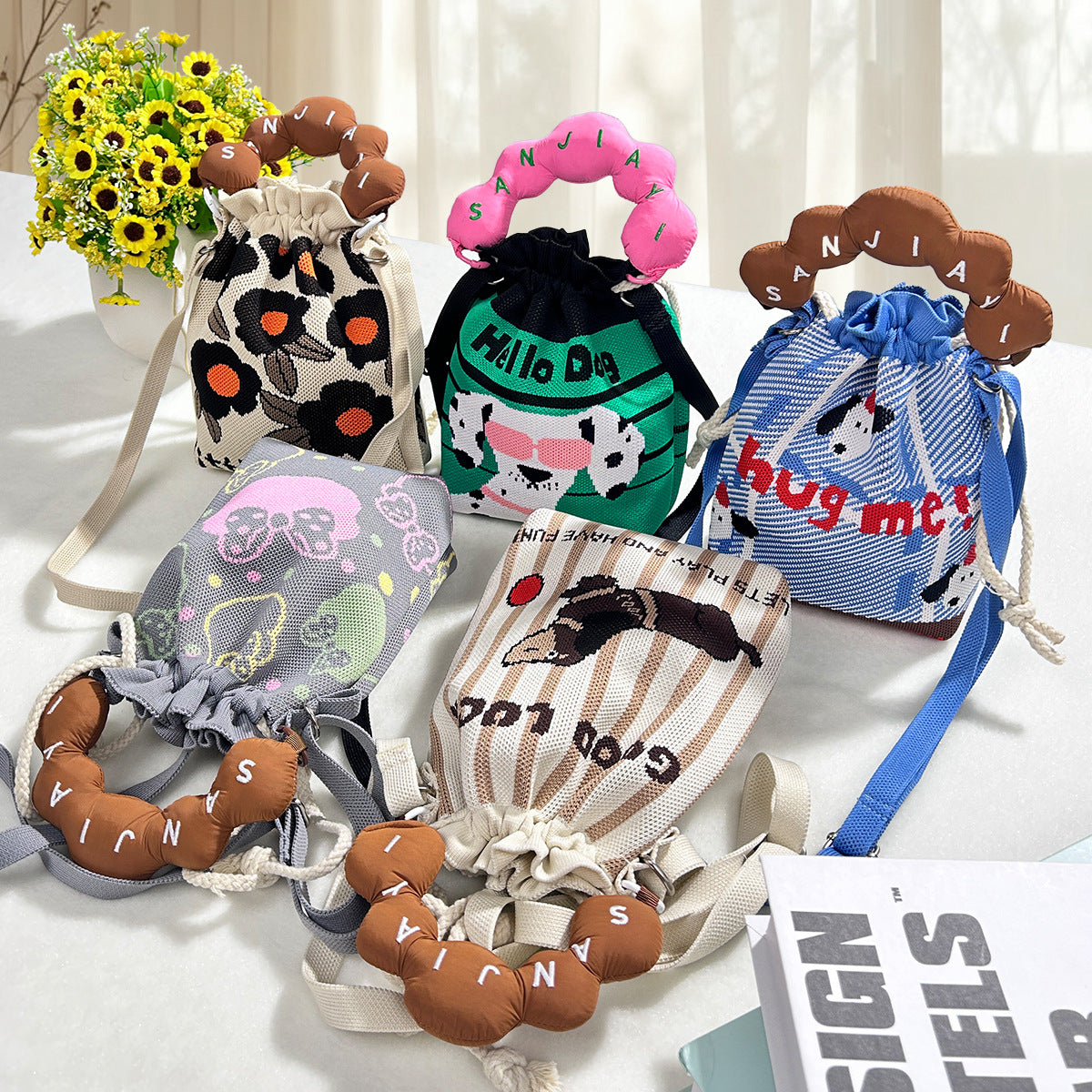 Woven Jacquard Female Drawstring Pocket Cartoon Knitted Wool Flying Phone Bags