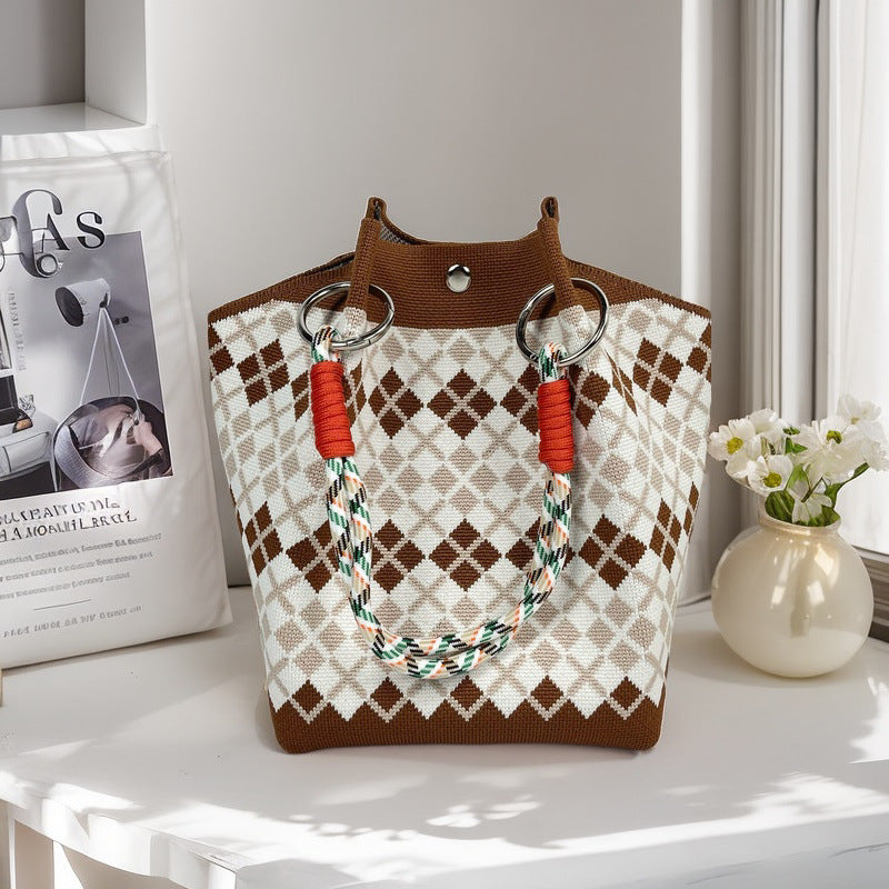 Design Black White Rhombus Knitted Versatile Large Women's Handbag