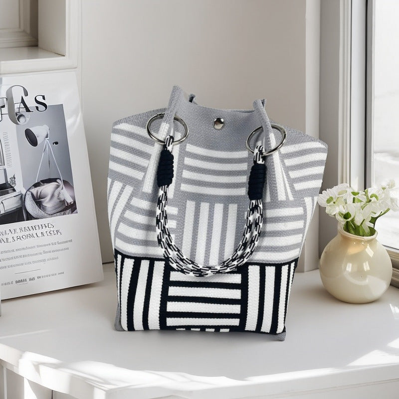 Design Black White Rhombus Knitted Versatile Large Women's Handbag