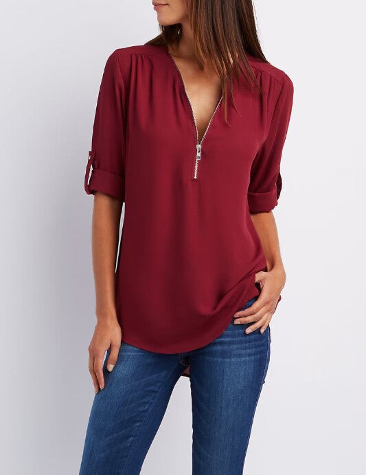Women's Hosting Label Zipper Rollable Sleeves Chiffon Blouses