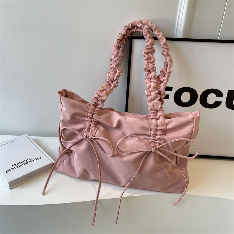 Women's Large Capacity Cloth Summer Bow Texture Pleated Strap Women's Shoulder Bag