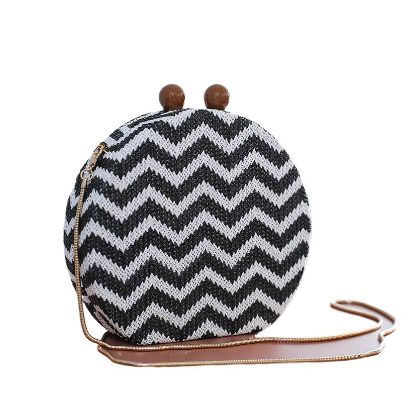 Women's Stylish Round Straw Chain Plaid Shoulder Bags