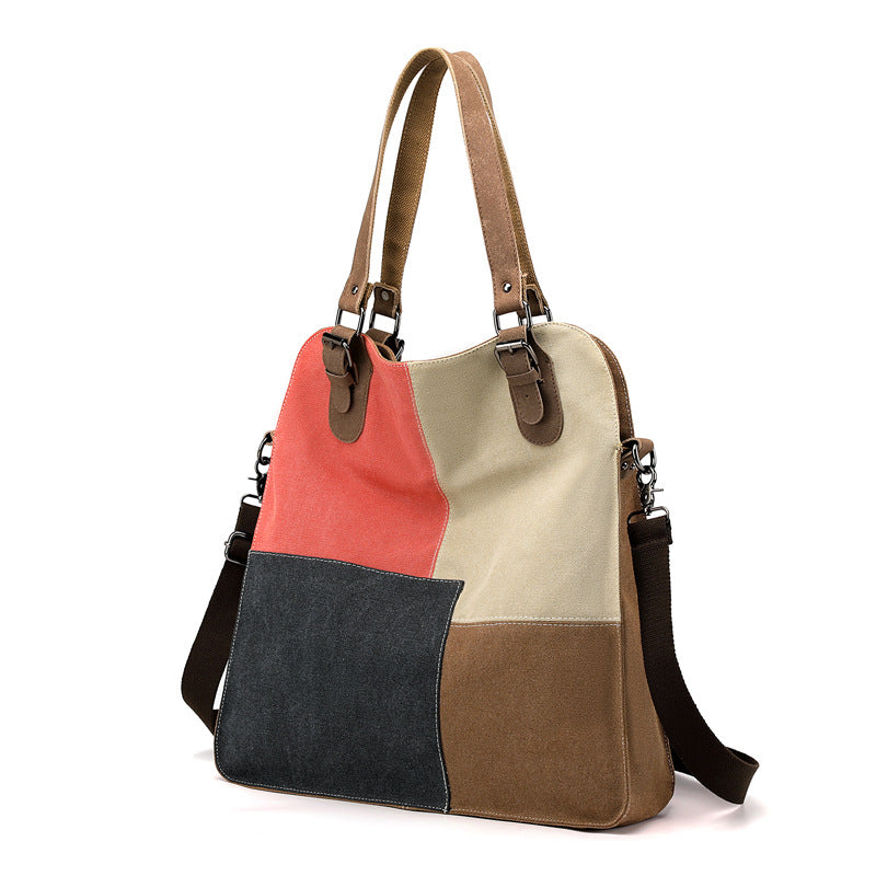 Women's Fashion Retro Patchwork Large Capacity Canvas Handbags