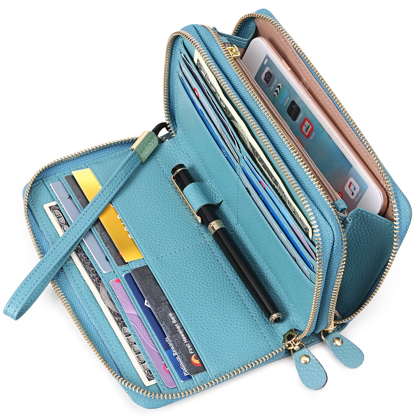 Women's Layer Cowhide Double Zip Clutch Trendy Ladies Wallets