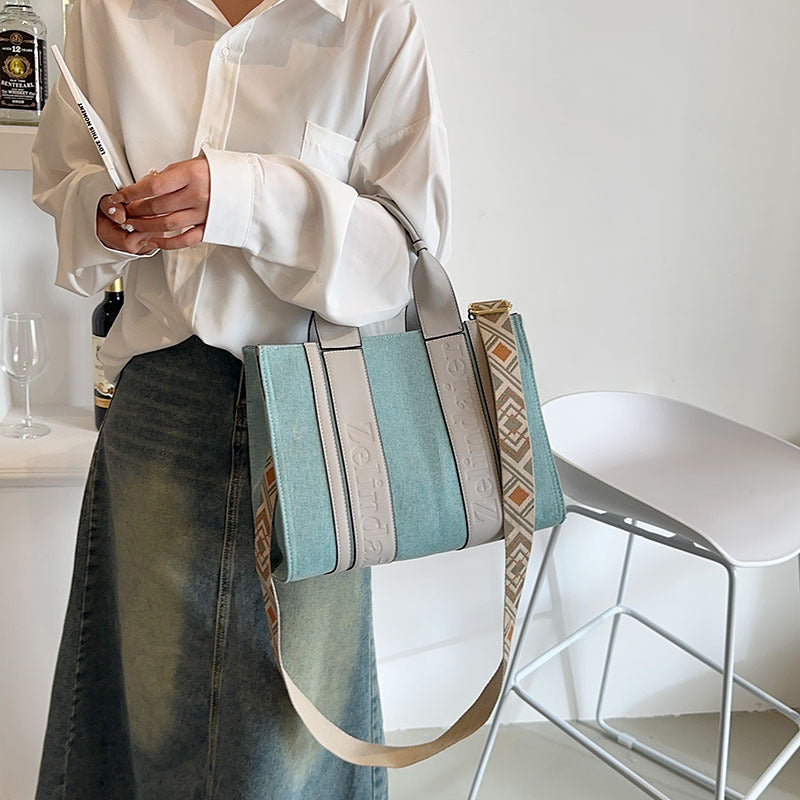 Women's Canvas Contrast Color Large Capacity Fashionable Tote Bags