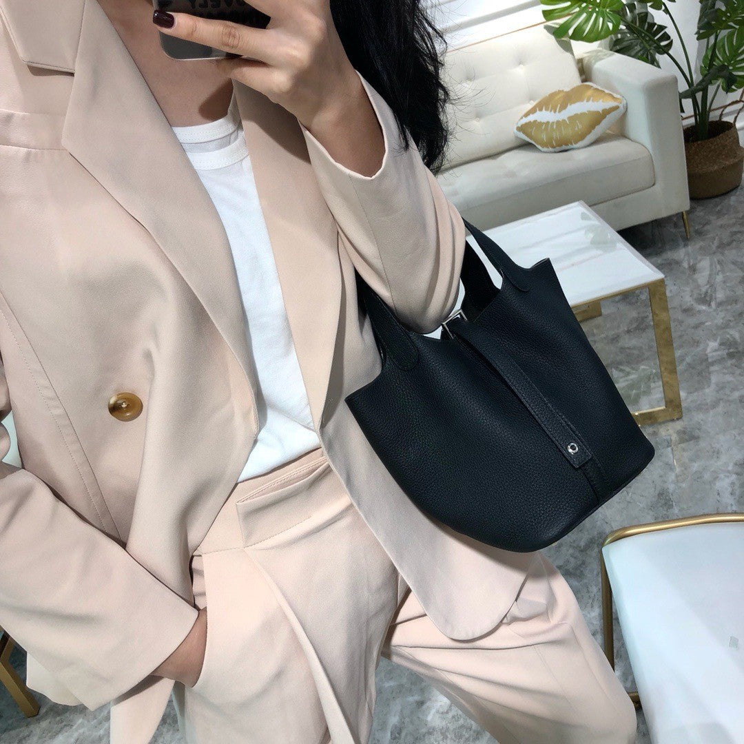 Women's Color Matching Vegetable Basket Cowhide Litchi Handbags