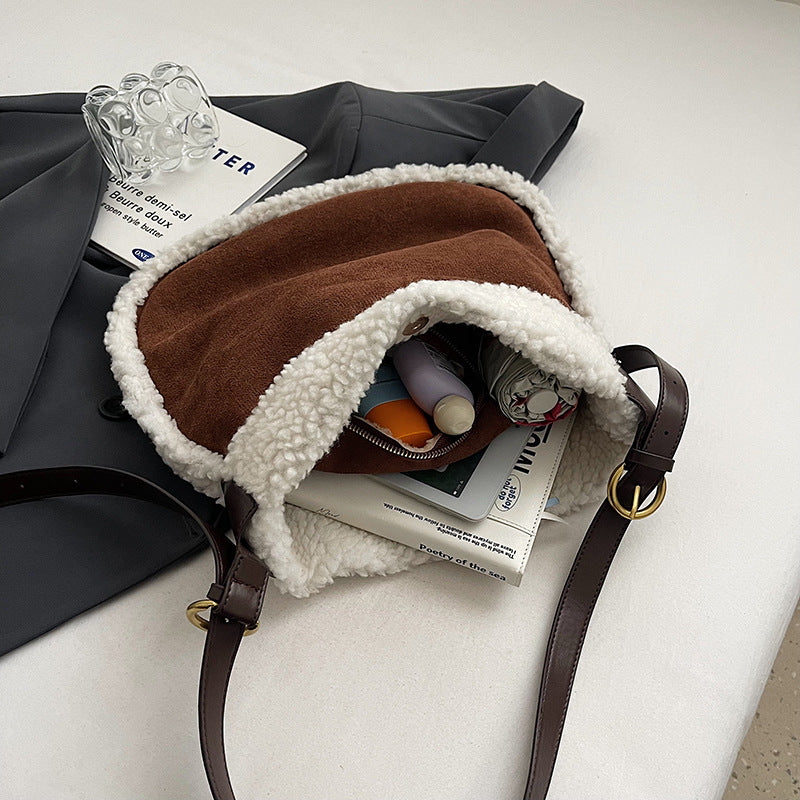 Women's Plush Matte Simple Cute Stitching Pocket Trendy Women's Shoulder Bag