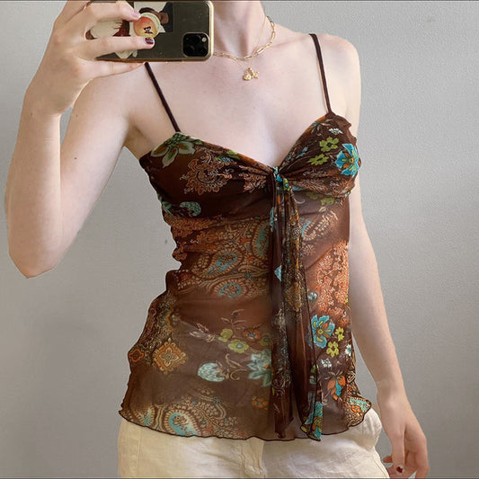 Printed Camisole French Pleated Lace Up Tops