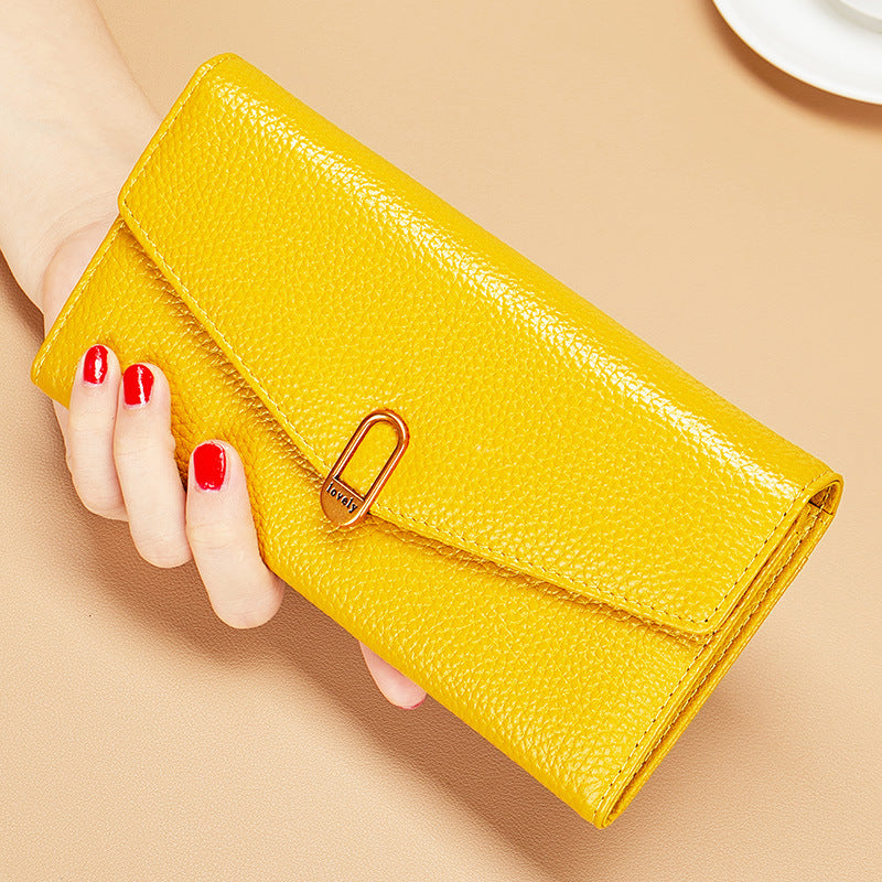 Women's Yellow Long Lucky First Layer Cowhide Ladies Wallet