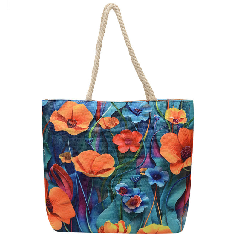 Double-sided Beach Imitation Linen Hot Printed Pattern Large Capacity Canvas Women's Shoulder Bag