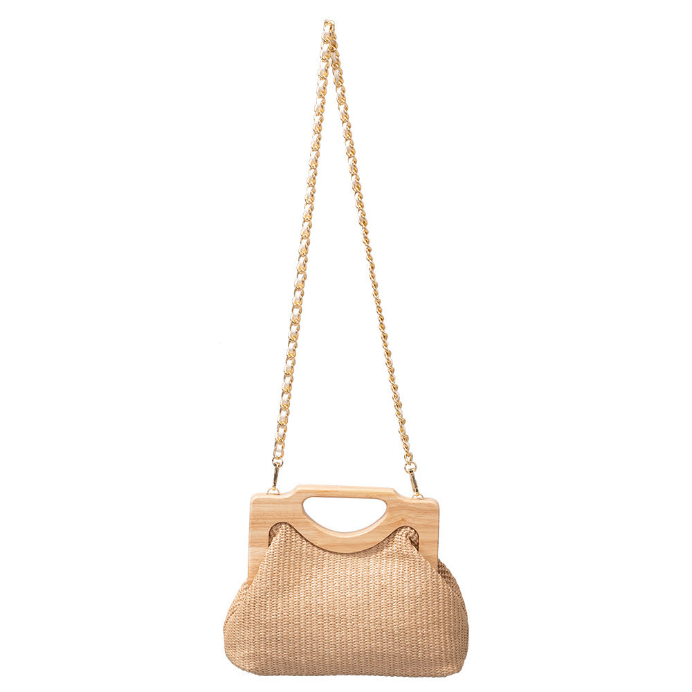 Women's Straw Woven Seaside Vacation Beach Wooden Handle
