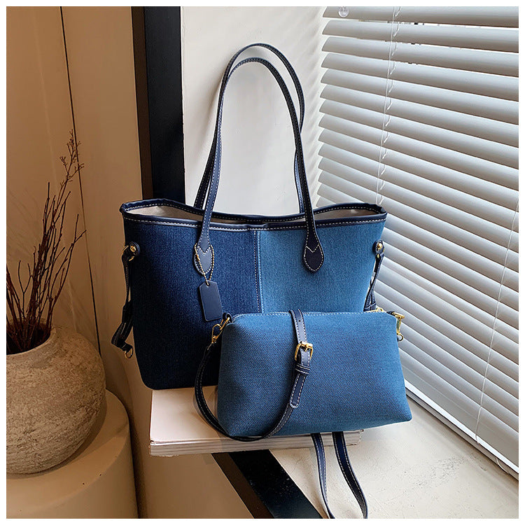 Women's Large Capacity Denim Fashion Stitching Contrast Shoulder Bags