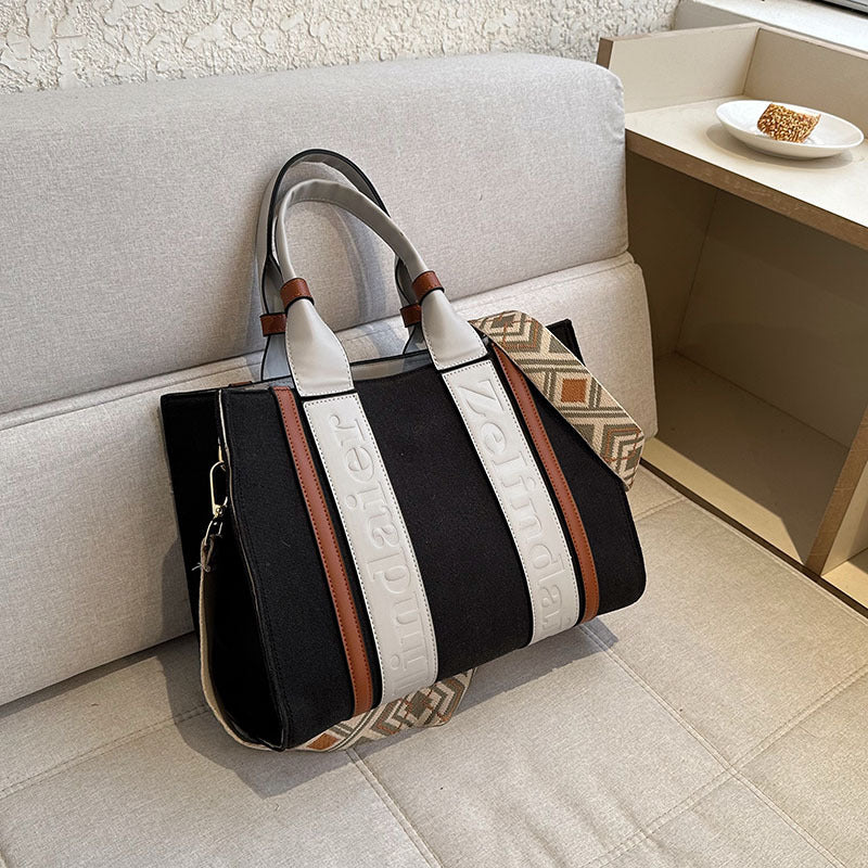 Women's Canvas Contrast Color Large Capacity Fashionable Tote Bags