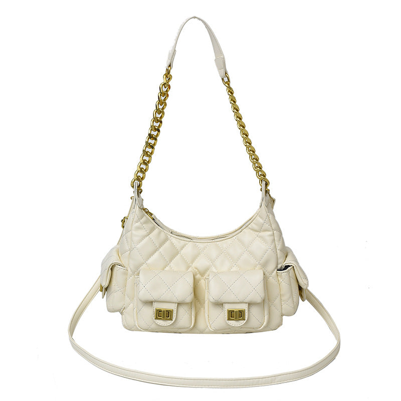 Women's Diamond Pattern Chain Design Motorcycle Underarm Crossbody Bags