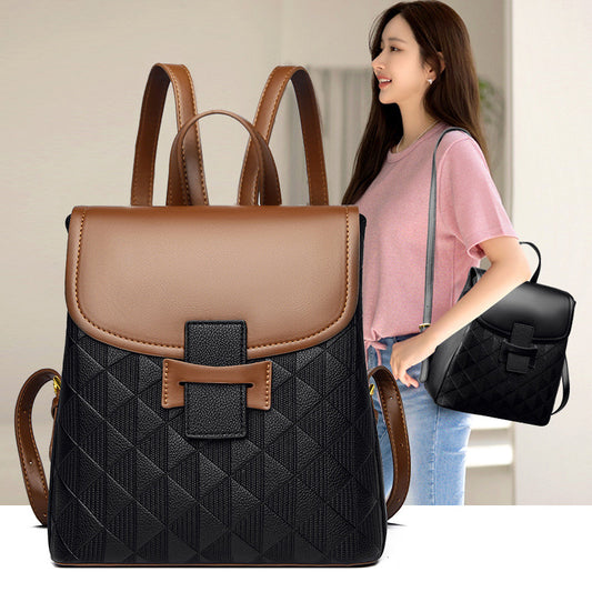 Women's Fashion Color Contrast Vintage Leather Large Backpacks