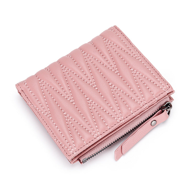 Women's Sheepskin Pleated Vertical Fashion Embroidery Short Ladies Wallets