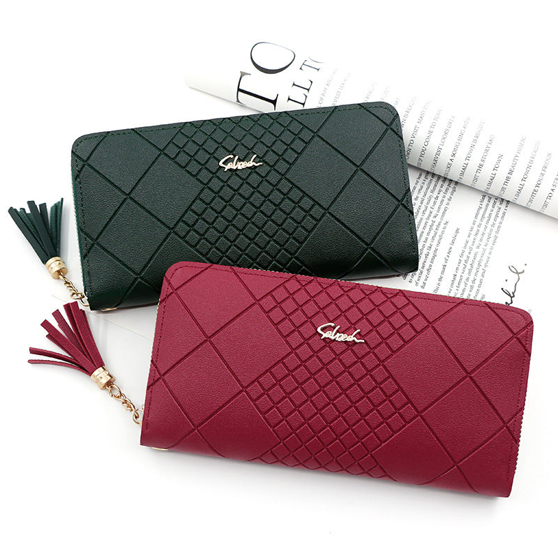 Women's Long Portable Mobile Simple Embossed Tassel Bags