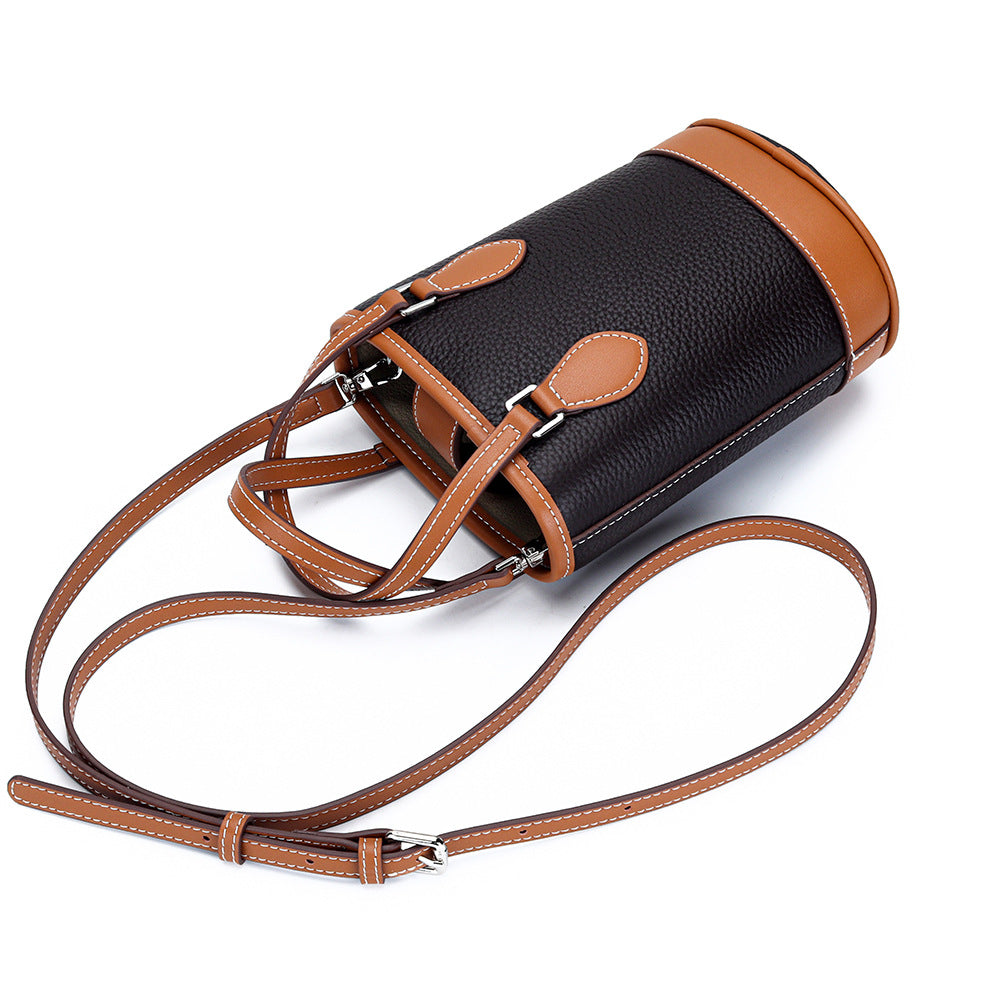 Women's Fashion Color Contrast Vertical Portable Design Genuine Bucket Bags