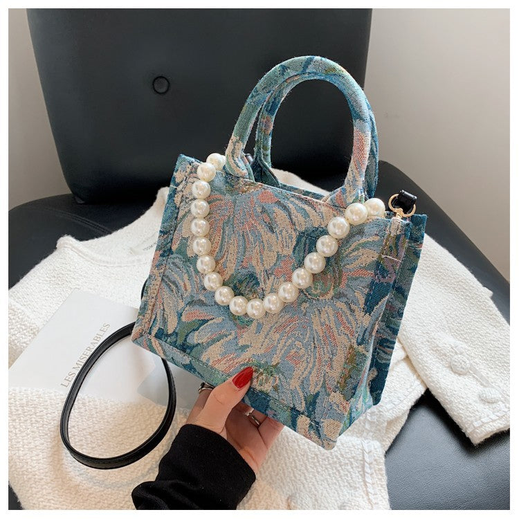 Garden Oil Painting Female Fashion Large Capacity Pearl Shoulder Bags