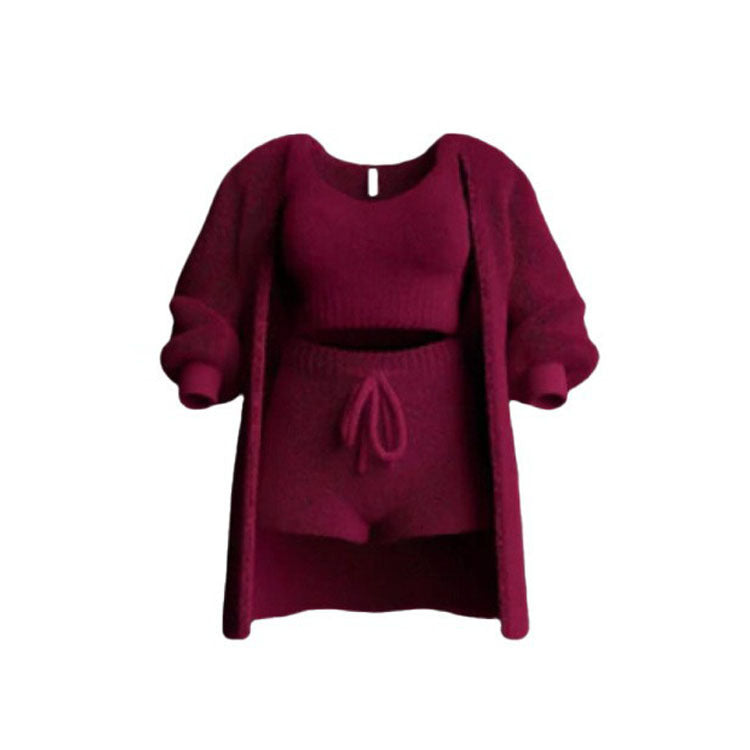 Knitted Plush Long Sleeve Set Three-piece Suits