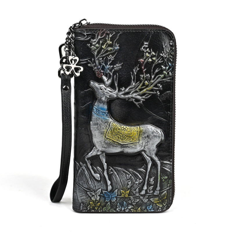 Cowhide Deer Head Embossed Multiple Slots Purses