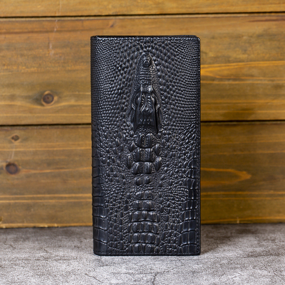 Men's Retro Long Top Layer Cowhide Crocodile Pattern Genuine Leather Soft Men's Wallet