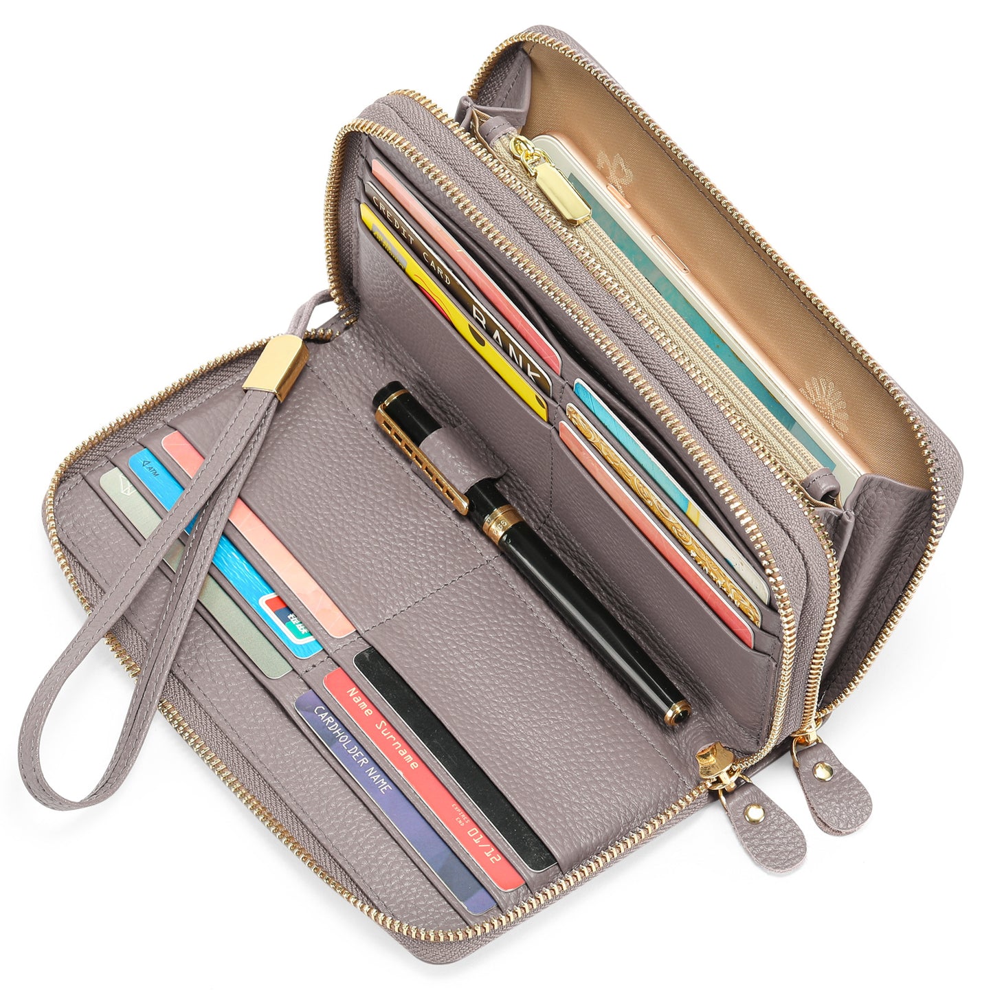 Women's Layer Cowhide Double Zip Clutch Trendy Ladies Wallets