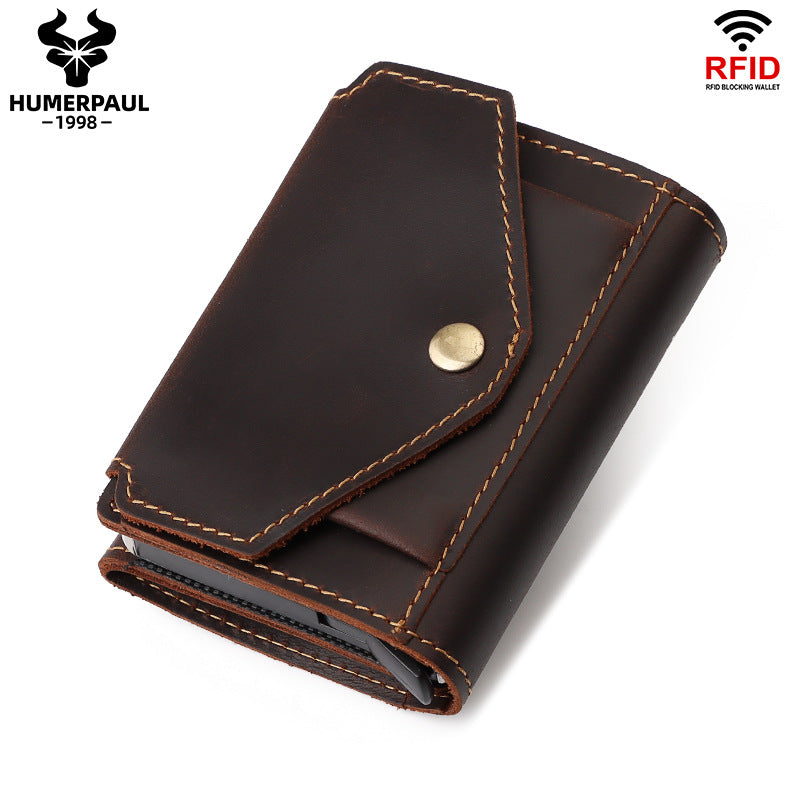 Men's Crazy Horse Leather Automatic Metal Cartridge Card Holder