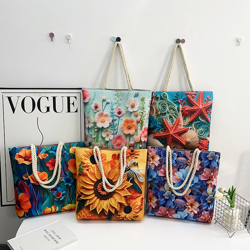 Double-sided Beach Imitation Linen Hot Printed Pattern Large Capacity Canvas Women's Shoulder Bag