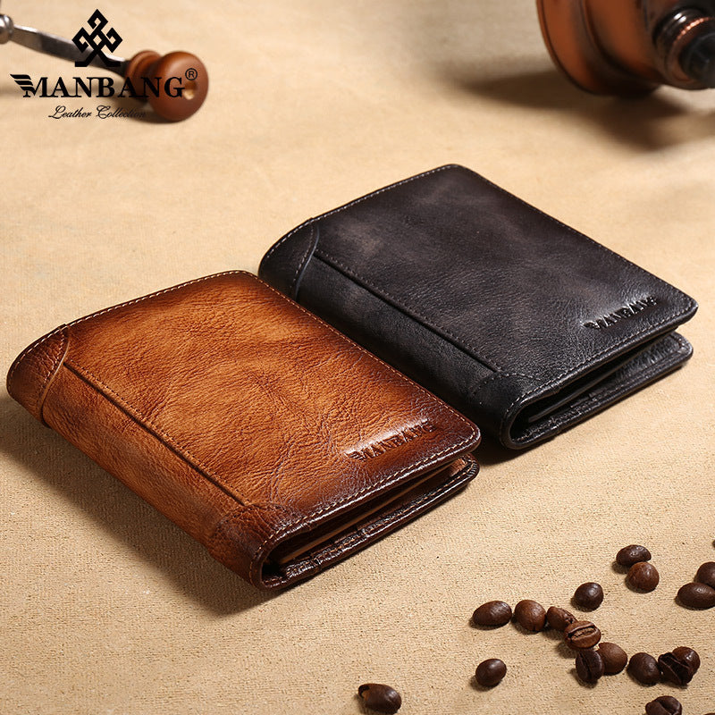Men's Short First Layer Cowhide Brushed Classic Men's Wallets