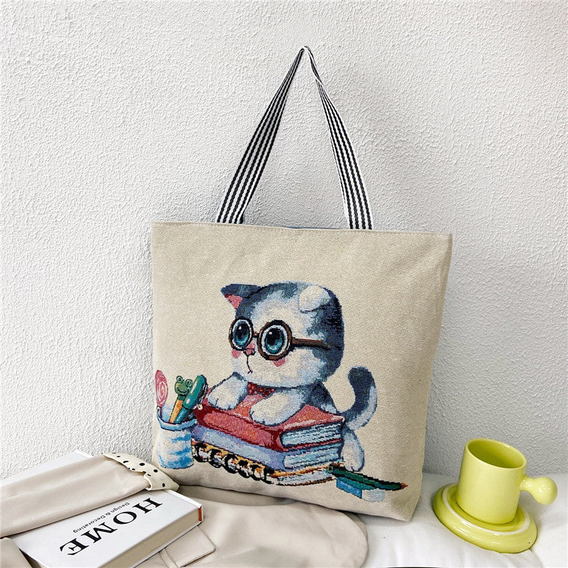 Women's Retro Fashion Illustration Embroidered Large Capacity Tote Bags