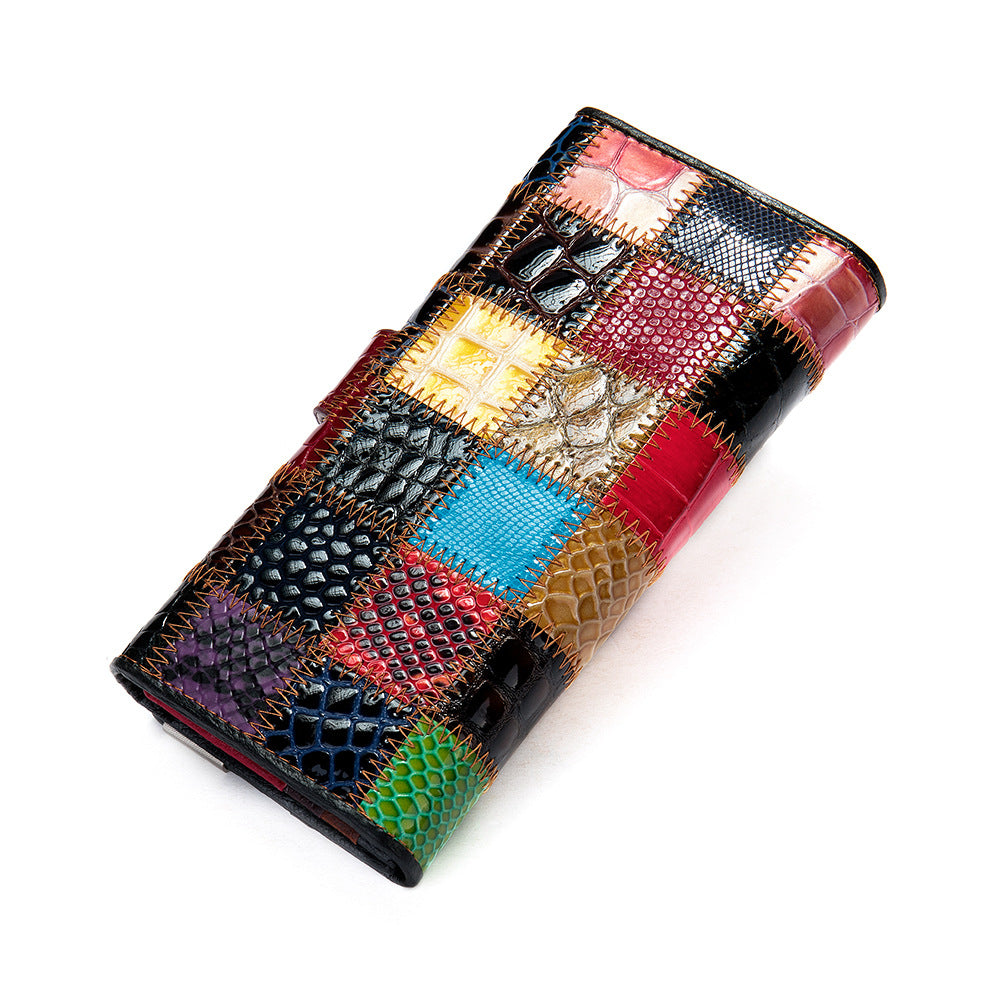 Women's First Layer Cowhide Colored Mosaic Rhombus Ladies Wallets