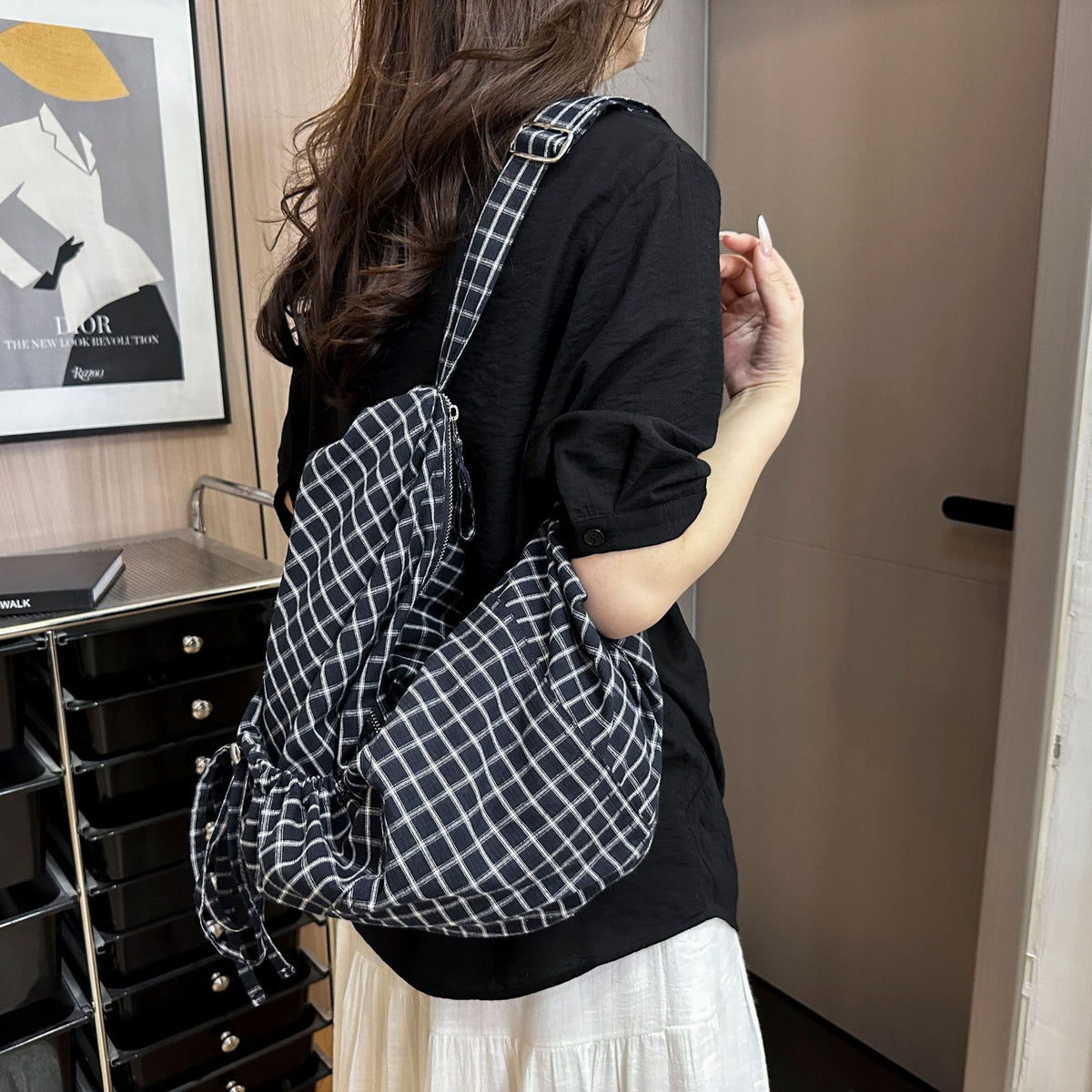 Women's Blue Plaid Drawstring Canvas Commute Large Bags