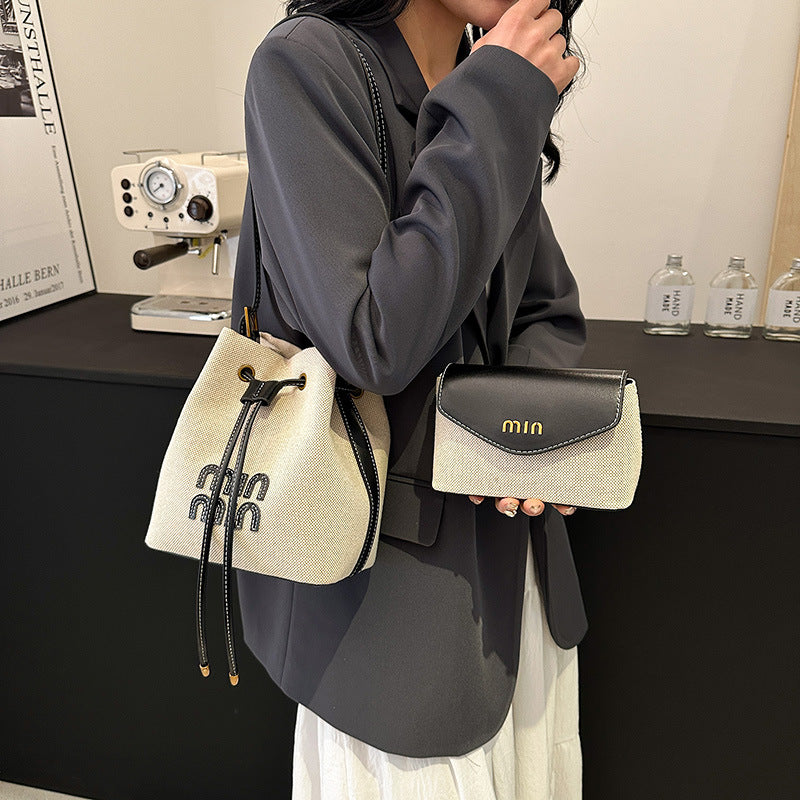 Women's Drawstring Bundle Fashion Contrast Color High-grade Bucket Bags