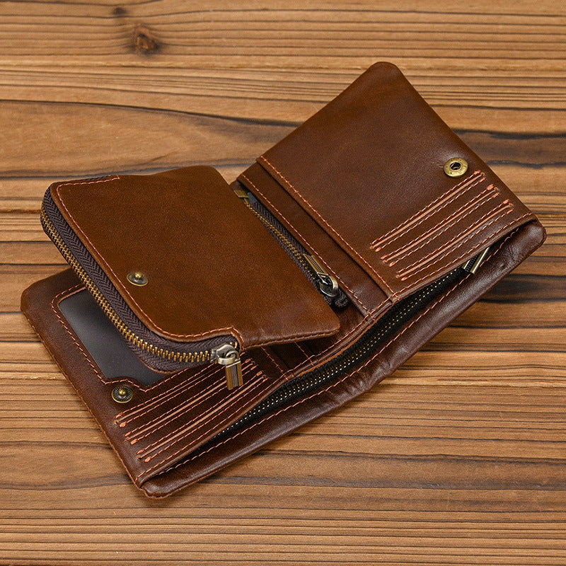 Leather Short With Zipper Pocket Snap Button Crazy Horse Two Men's Wallet