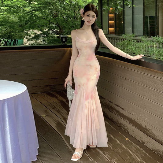 Chinese Style Light Green Butterfly Printed Fishtail Suspender Dresses