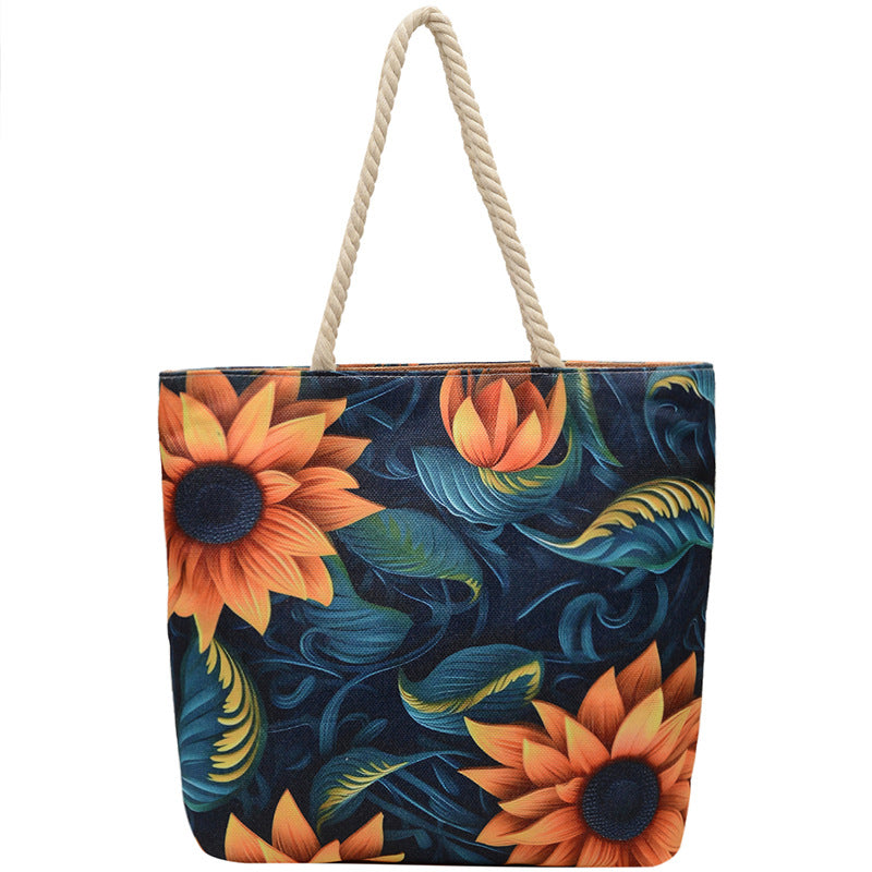 Double-sided Beach Imitation Linen Hot Printed Pattern Large Capacity Canvas Women's Shoulder Bag
