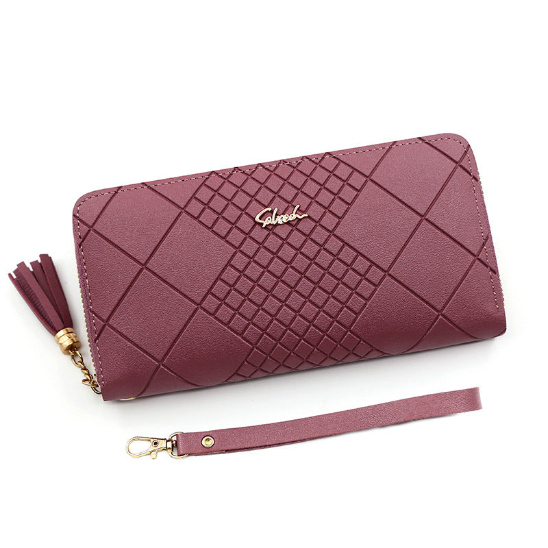 Women's Long Portable Mobile Simple Embossed Tassel Bags